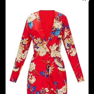 Red Floral Long Sleeve Wrap Dress SIZE UK 6 / US 2